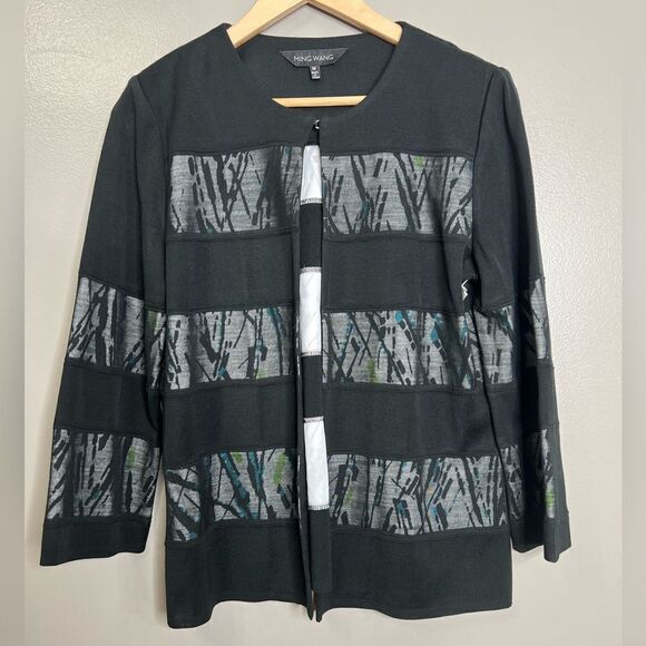 Blazer Ming Wang black mesh panel geometric knit medium artsy office career fall - Picture 4 of 6
